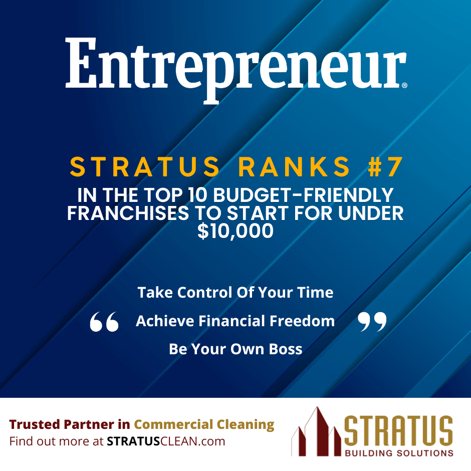 An image with a blue textured background and Entrepreneur Magazine Logo, the text says: "Stratus Ranks #7 in the Top 10 Budget-Friendly Franchises to Start for Under $10,000" 