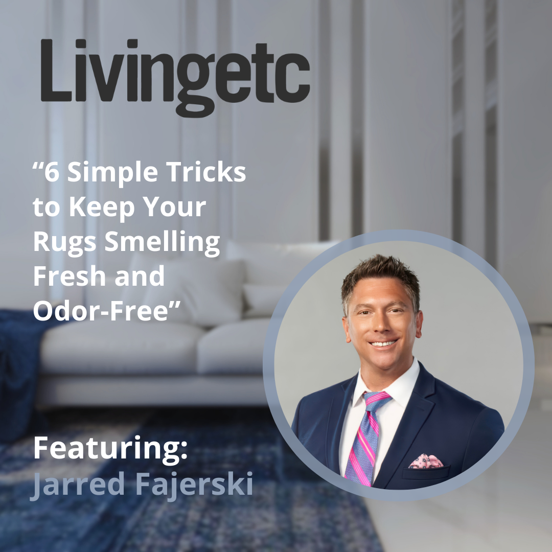 An image of a living room with a rug and a headshot of Jarred Fajerski with the title: 6 Simple Tricks to Keep Your Rugs Smelling Fresh and Odor-Free.