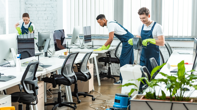 Day porter cleaning staff disinfecting office surfaces in Northern New Jersey